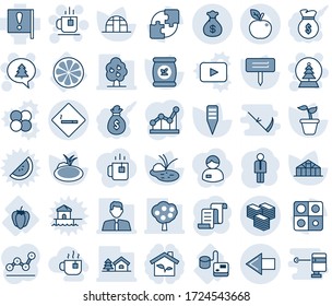 Blue tint and shade editable vector line icon set - left arrow vector, smoking area sign, tea, snowball tree, merry christmas message, manager, contract, seedling, plant label, greenhouse, pond, hot