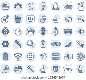 Blue tint and shade editable vector line icon set - clouds vector, snowmobile, flag garland, pennant, statistic monitor, water drop, bench, dropper, hospital building, counter, lemon slice, themes