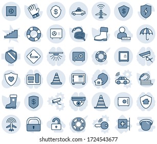 Blue tint and shade editable vector line icon set - plane radar vector, smoking place, alarm car, border cone, safe, insurance, road, glove, boot, hose, heart shield, first aid room, protect, lock