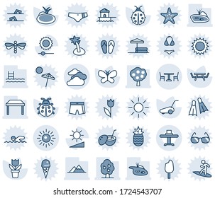 Blue tint and shade editable vector line icon set - cafe vector, sun, clouds, flower in pot, lawn mower, butterfly, lady bug, pond, picnic table, brightness, pool, fruit tree, mountains, restaurant