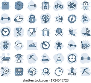 Blue tint and shade editable vector line icon set - snowmobile vector, medal, barbell, bike, floor scales, power hand, treadmill, push ups, run, pull, gymnastics, weight, clock, stopwatch, target