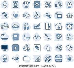 Blue tint and shade editable vector line icon set - alarm clock vector, wireless notebook, plane, heart, house, ampoule, bike, oil barrel, heavy scales, monitor, play button, notes, investment, feet