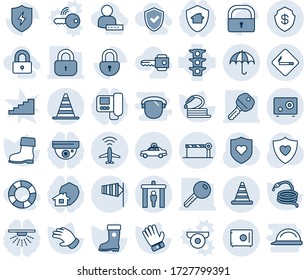 Blue tint and shade editable vector line icon set - plane radar vector, security gate, smoking place, alarm car, border cone, barrier, insurance, road, side wind, glove, boot, hose, heart shield