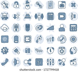 Blue tint and shade editable vector line icon set - vip vector, washer, snowman, cake, mobile phone, caterpillar, speaker, settings, remote control, chain, paper pin, low battery, fast forward, call