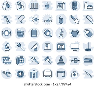 Blue tint and shade editable vector line icon set - barrier vector, security gate, border cone, satellite antenna, plate spoon fork, mouse, notebook pc, trowel, rake, pruner, drip irrigation, lab