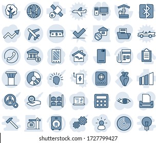 Blue tint and shade editable vector line icon set - airport tower vector, passport, luggage storage, plane, phone, radar, mobile, circle chart, tree, well, eye, heart, satellite, sorting, news, back