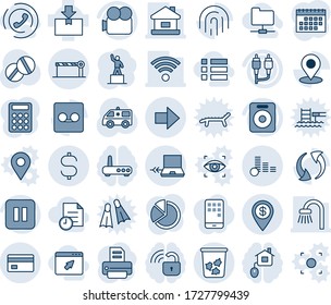 Blue tint and shade editable vector line icon set - trash bin vector, barrier, notebook connect, right arrow, pedestal, printer, pills, ambulance car, package, video camera, speaker, pause button
