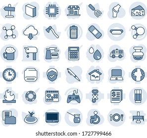 Blue tint and shade editable vector line icon set - notebook pc vector, factory, garden fork, axe, pond, molecule, patch, ambulance car, disabled, joint, medical calendar, earth, clock, receipt, tv