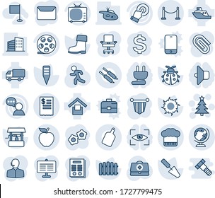 Blue tint and shade editable vector line icon set - fence vector, globe, christmas tree, gear, dollar sign, pennant, trowel, boot, lady bug, sun, well, plant label, doctor case, run, sea shipping