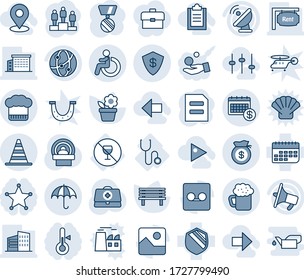 Blue tint and shade editable vector line icon set - disabled vector, border cone, insurance, pedestal, medal, document, flower in pot, bench, doctor case, tomography, stethoscope, no alcohol sign