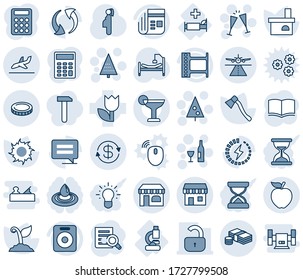 Blue tint and shade editable vector line icon set - runway vector, shop, arrival, duty free, christmas tree, wine, glasses, book, document search, sproute, sun, axe, fireplace, hospital bed, lab