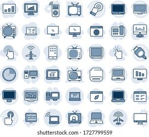 Blue tint and shade editable vector line icon set - plane radar vector, wireless notebook, pc, statistic monitor, diagnostic, tv, touch screen, laptop, hdmi, account statistics, hand, cursor, globe