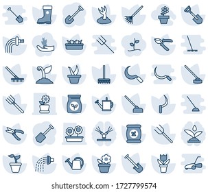 Blue tint and shade editable vector line icon set - job vector, flower in pot, shovel, farm fork, rake, seedling, watering can, sproute, pruner, boot, hoe, sickle, fertilizer, irrigation, hand