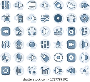 Blue tint and shade editable vector line icon set - vinyl vector, microphone, speaker, loudspeaker, settings, equalizer, headphones, fast forward, rewind, rec button, rca, hdmi, tuning, record, low