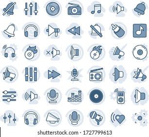 Blue tint and shade editable vector line icon set - heart beat vector, vinyl, flame disk, microphone, radio, speaker, loudspeaker, settings, equalizer, headphones, rca, tuning, bell, mute, music, cd