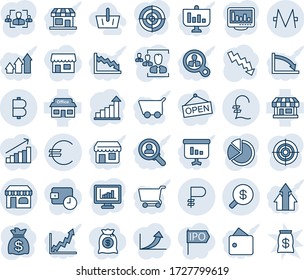 Blue tint and shade editable vector line icon set - shop vector, growth statistic, money bag, crisis graph, store, euro, pound, bitcoin, ruble, monero, search, monitor statistics, pie, hr, target