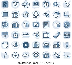 Blue tint and shade editable vector line icon set - alarm clock vector, phone, tv, abacus, stamp, sickle, plant label, reel, vinyl, flame disk, radio, call, office, open close, turkish coffee, horn