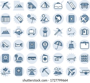 Blue tint and shade editable vector line icon set - runway vector, suitcase, baggage trolley, airport bus, umbrella, passport, ladder car, helicopter, seat map, luggage scales, plane globe, tower