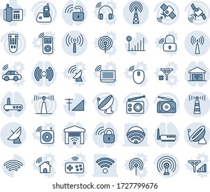 Blue tint and shade editable vector line icon set - antenna vector, satellite, office phone, radio, remote control, wireless, cellular signal, lock, router, garage gate, notebook wi fi, mouse, car