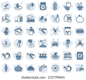 Blue tint and shade editable vector line icon set - holly vector, rowanberry, factory, flower in pot, seedling, watering can, sproute, pruner, pumpkin, greenhouse, seeds, pond, garden sprayer, spica