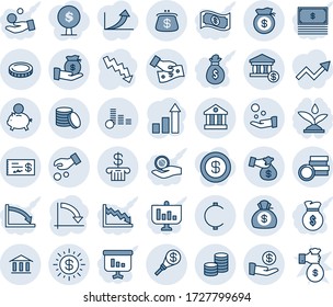 Blue tint and shade editable vector line icon set - growth statistic vector, crisis graph, cent, coin, dollar sun, bank, account, money bag, piggy, investment, cash pay, encashment, check, purse