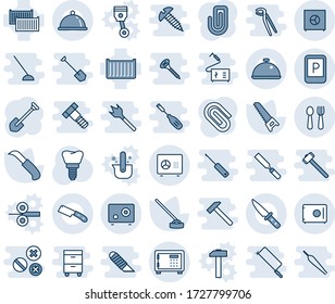 Blue tint and shade editable vector line icon set - safe vector, parking sign, spoon and fork, job, saw, hoe, garden knife, implant, cargo container, paper clip, dish, piston, casting of steel, work