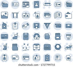 Blue tint and shade editable vector line icon set - credit card vector, identity, ticket, christmas sock, sleigh, wreath, star postcard, sale, medical calendar, gallery, sd, tap pay, atm, wine, pass