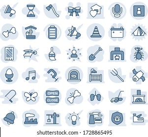 Blue tint and shade editable vector line icon set - ticket office vector, female wc, road cone, bow, mobile phone, job, factory, farm fork, lawn mower, butterfly, well, axe, broken bone, virus, bell