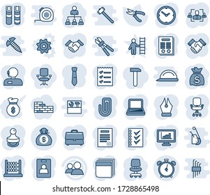 Blue tint and shade editable vector line icon set - alarm clock vector, hierarchy, office chair, money bag, pruner, group, case, monitor statistics, paper clip, identity card, hr, abacus, ink pen