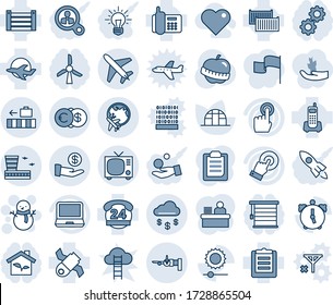 Blue tint and shade editable vector line icon set - plane vector, boarding, globe, baggage, tv, airport building, snowman, greenhouse, diet, satellite, office phone, 24 hours, cargo container, alarm
