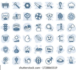 Blue tint and shade editable vector line icon set - snowmobile vector, pennant, statistic monitor, water drop, bench, broken bone, hospital building, counter, lemon slice, onion, traffic light, win