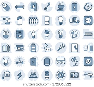 Blue tint and shade editable vector line icon set - fork loader vector, bulb, ripper, battery, low, rca, charge, money torch, desk lamp, heater, air conditioner, fridge, home control, socket, fan