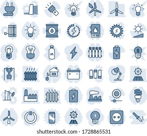 Blue tint and shade editable vector line icon set - bulb vector, factory, pull ups, milk, oil barrel, torch, brightness, charge, desk lamp, sun panel, windmill, heater, home control, socket, water