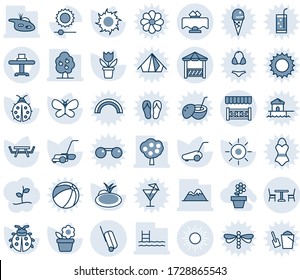 Blue tint and shade editable vector line icon set - cafe vector, sun, suitcase, flower in pot, lawn mower, butterfly, lady bug, pond, picnic table, brightness, pool, fruit tree, mountains, alcove