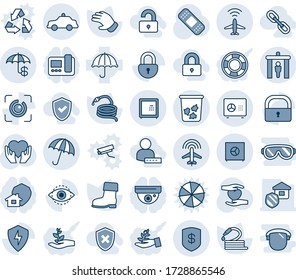 Blue tint and shade editable vector line icon set - plane radar vector, security gate, umbrella, trash bin, safety car, safe, glove, boot, hose, patch, heart hand, protect, lock, eye id, insurance
