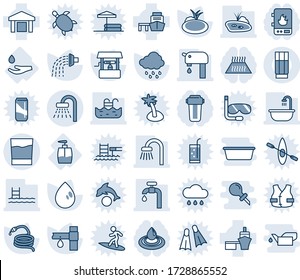 Blue tint and shade editable vector line icon set - shower vector, watering, water drop, rain, well, hose, pond, drip irrigation, hand, liquid soap, sea port, warehouse, pool, supply, bathroom, palm