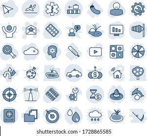 Blue tint and shade editable vector line icon set - passport vector, wind, arrival, baggage, safety car, star letter, statistic monitor, pond, heart diagnostic, pills blister, ambulance, patient