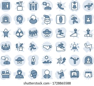 Blue tint and shade editable vector line icon set - dispatcher vector, security gate, male, reception, traffic controller, elevator, officer window, santa claus, speaking man, team, manager place