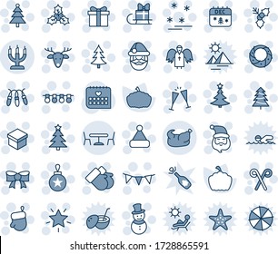 Blue tint and shade editable vector line icon set - cafe vector, christmas tree, gift, santa claus, glove, garland, ball, star, bow, gloves, snowman, calendar, hat, deer, holly, wreath, angel, stick