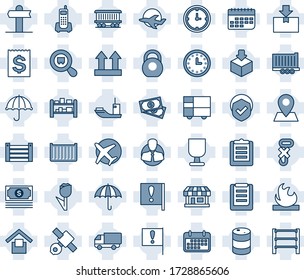 Blue tint and shade editable vector line icon set - signpost vector, pin, railroad, important flag, store, plane, satellite, cash, office phone, client, sea shipping, truck trailer, cargo container