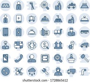 Blue tint and shade editable vector line icon set - taxi vector, airport bus, phone, reception bell, baby room, baggage, ambulance car, doctor, office, support, delivery, consolidated cargo, search