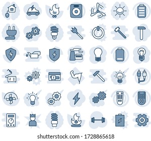 Blue tint and shade editable vector line icon set - bulb vector, factory, ripper, fire, barbell, power hand, remote control, speaker, battery, low, rca, protect, home, plug, energy saving, alarm led