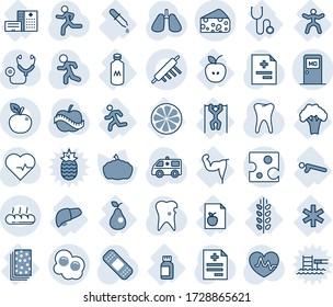 Blue tint and shade editable vector line icon set - medical room vector, pumpkin, heart pulse, diagnosis, stethoscope, patch, ambulance car, run, lungs, tooth, caries, diet, list, apple, pipette