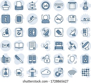 Blue tint and shade editable vector line icon set - elevator vector, escalator, reception, flight table, satellite antenna, no smoking sign, hotel, identity card, book, document reload, signpost