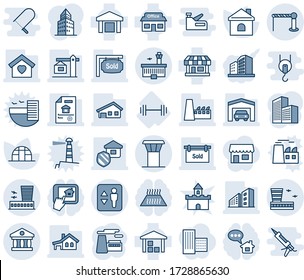 Blue tint and shade editable vector line icon set - airport tower vector, barrier, elevator, building, factory, house, greenhouse, barbell, store, warehouse, bank, office, with garage, sweet home