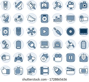 Blue tint and shade editable vector line icon set - ticket office vector, satellite antenna, clapboard, film frame, vinyl, flame disk, camera, microphone, loudspeaker, tv, gamepad, equalizer, video