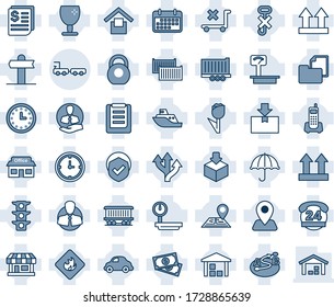 Blue tint and shade editable vector line icon set - baggage truck vector, route, signpost, navigation, railroad, store, cash, traffic light, office phone, 24 hours, client, sea shipping, trailer