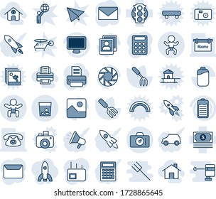 Blue tint and shade editable vector line icon set - baby vector, camera, trash, mail, printer, garden fork, cash, traffic light, monitor, battery, mobile, gallery, photo, calculator, rooms, phone