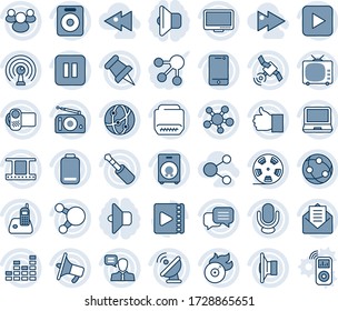 Blue tint and shade editable vector line icon set - satellite antenna vector, film frame, reel, flame disk, radio, speaker, loudspeaker, tv, equalizer, video camera, microphone, network, cell phone