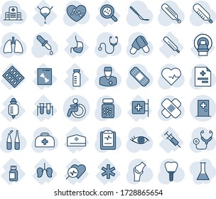 Blue tint and shade editable vector line icon set - disabled vector, first aid room, heart pulse, doctor case, diagnosis, stethoscope, dropper, thermometer, pills, bottle, ampoule, scalpel, patch